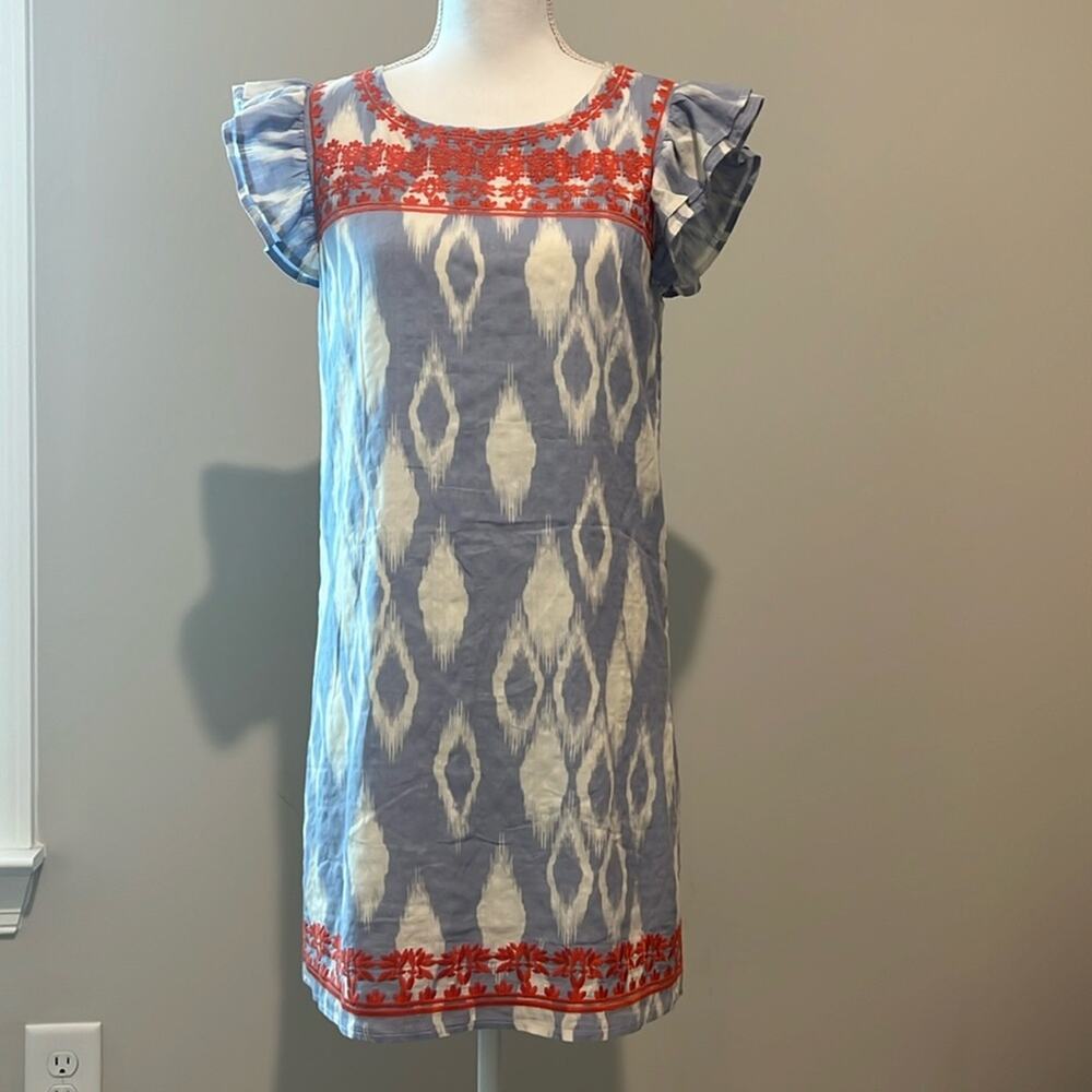Anthropologie THML Abstract Embroidered Shift Dress XS 2 4 Lined Preppy Ruffle